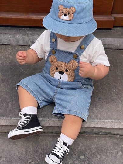 SHEIN Baby Boy Baby Girl Summer Casual Cute Denim Overalls Bear Overalls Cute Overalls