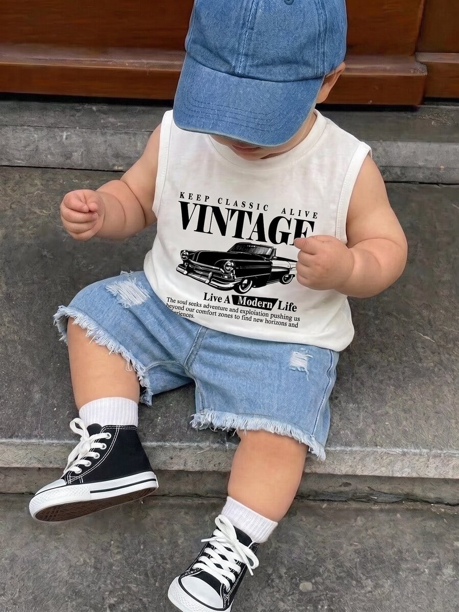 SHEIN 2pcs Baby Boy Summer Casual Street Chic Car Graphic Tank Top And Denim Shorts Set - Multicolor - View 1