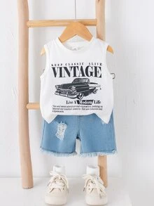 SHEIN 2pcs Baby Boy Summer Casual Street Chic Car Graphic Tank Top And Denim Shorts Set - Multicolor - View 3