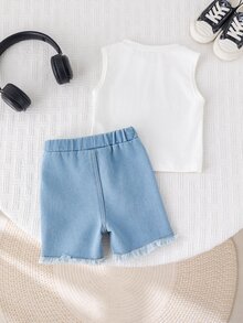 SHEIN 2pcs Baby Boy Summer Casual Street Chic Car Graphic Tank Top And Denim Shorts Set - Multicolor - View 2