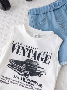 SHEIN 2pcs Baby Boy Summer Casual Street Chic Car Graphic Tank Top And Denim Shorts Set - Multicolor - View 7