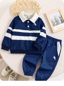 Babyboy College Style Casual Navy Blue Collared Sweatshirt And Elastic Waist Long Pants 2pcs Set - Navy Blue - View 3