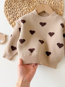 SHEIN 女嬰可愛時尚愛心提花圓領秋冬毛衣 - 卡其色 - 查看 4