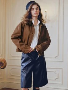 Anewsta Women's Autumn/Winter Fashion Vintage Maillard Suede & Knit Patchwork Leather Short Jacket, Versatile - Camel - View 6