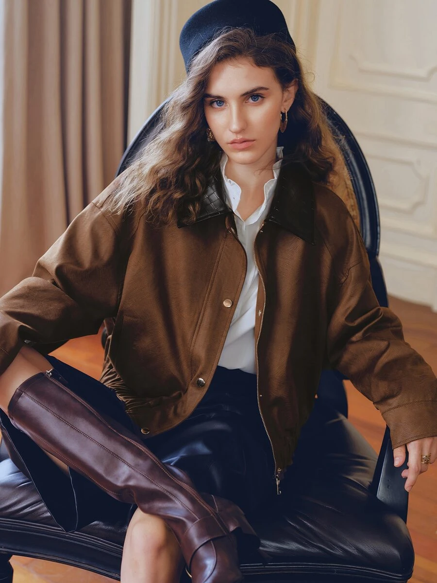 Anewsta Women's Autumn/Winter Fashion Vintage Maillard Suede & Knit Patchwork Leather Short Jacket, Versatile - Camel - View 1