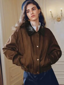 Anewsta Women's Autumn/Winter Fashion Vintage Maillard Suede & Knit Patchwork Leather Short Jacket, Versatile - Camel - View 7