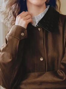 Anewsta Women's Autumn/Winter Fashion Vintage Maillard Suede & Knit Patchwork Leather Short Jacket, Versatile - Camel - View 2