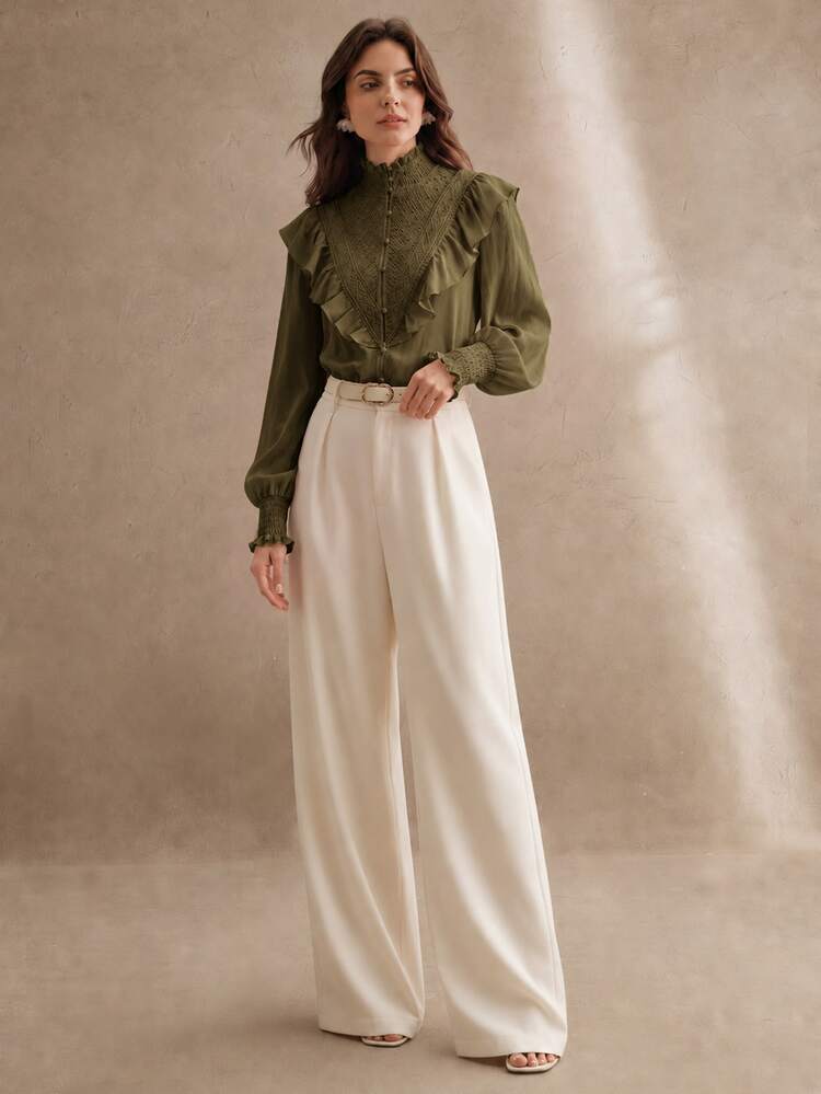 Anewsta Women's Fall New Olive Green Stand Collar Shirred Patchwork Lace French Romantic Elegant Ruffle Long Sleeve Blouse Office Tea Party Brunch Autumn - Army Green - View 6