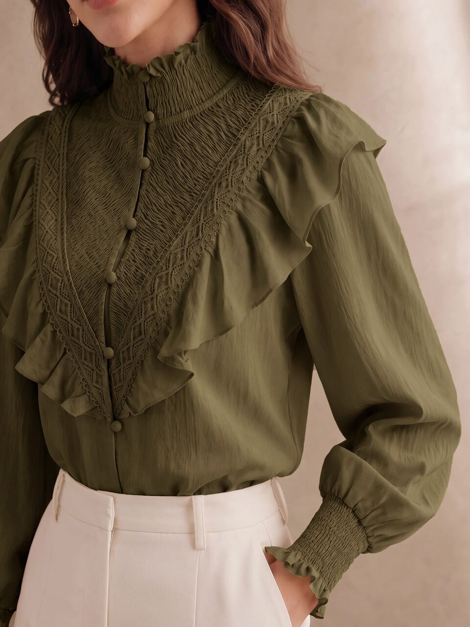 Anewsta Women's New Army Green Stand Collar Shirred Patchwork Lace French Romantic Ruffle Long Sleeve Blouse