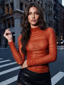 Anewsta Autumn/Winter New Fashion Sexy Elastic Mesh Ruched Raglan Long Sleeve Beaded Slim Fit Flattering Versatile Women's Top - Coral Orange - View 3