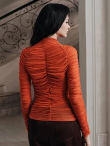 Anewsta Autumn/Winter New Fashion Sexy Elastic Mesh Ruched Raglan Long Sleeve Beaded Slim Fit Flattering Versatile Women's Top - Coral Orange - View 2