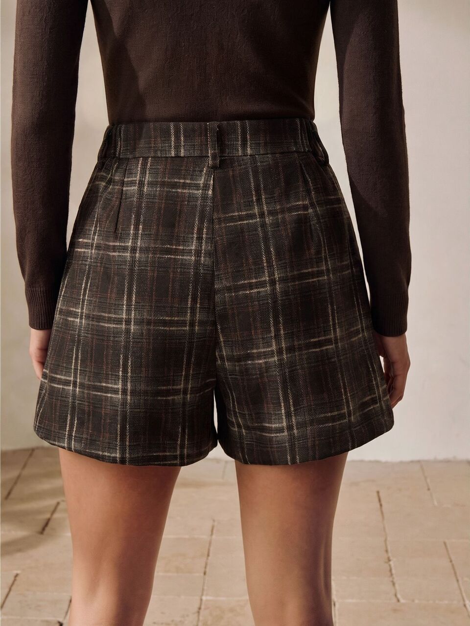 Autumn Elegant Commute Outfit, Vintage Plaid High Waist A-Line Slimming Brown Shorts For Women, Suitable For Commute, Date, Daily Wear