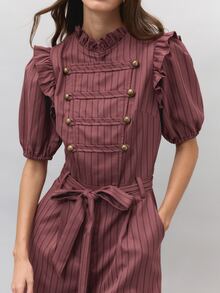 Nöista  Hazy Pink Striped Jumpsuit, Wide-Leg,Double-Breasted Gold Buttons, Ruffles,Flatters, Figure Elegant,Commuting, Parties Wardrobe Staple.Fall Winter,. - Redwood - View 1