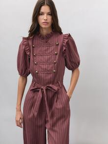 Nöista  Hazy Pink Striped Jumpsuit, Wide-Leg,Double-Breasted Gold Buttons, Ruffles,Flatters, Figure Elegant,Commuting, Parties Wardrobe Staple.Fall Winter,. - Redwood - View 10