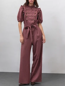 Nöista  Hazy Pink Striped Jumpsuit, Wide-Leg,Double-Breasted Gold Buttons, Ruffles,Flatters, Figure Elegant,Commuting, Parties Wardrobe Staple.Fall Winter,. - Redwood - View 5