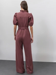 Nöista  Hazy Pink Striped Jumpsuit, Wide-Leg,Double-Breasted Gold Buttons, Ruffles,Flatters, Figure Elegant,Commuting, Parties Wardrobe Staple.Fall Winter,. - Redwood - View 3
