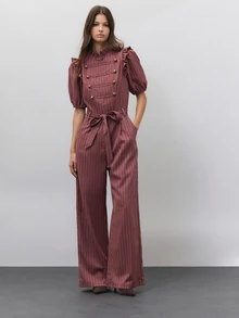 Nöista  Hazy Pink Striped Jumpsuit, Wide-Leg,Double-Breasted Gold Buttons, Ruffles,Flatters, Figure Elegant,Commuting, Parties Wardrobe Staple.Fall Winter,. - Redwood - View 2