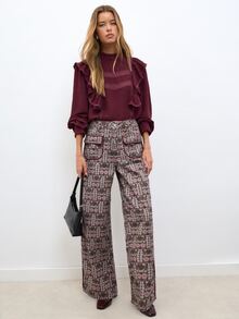 Nöista Vintage Print Wide Leg Pants With Bohemian Style. Casual, Vacation, Streetwear, Spring Autumn. - Brown - View 3