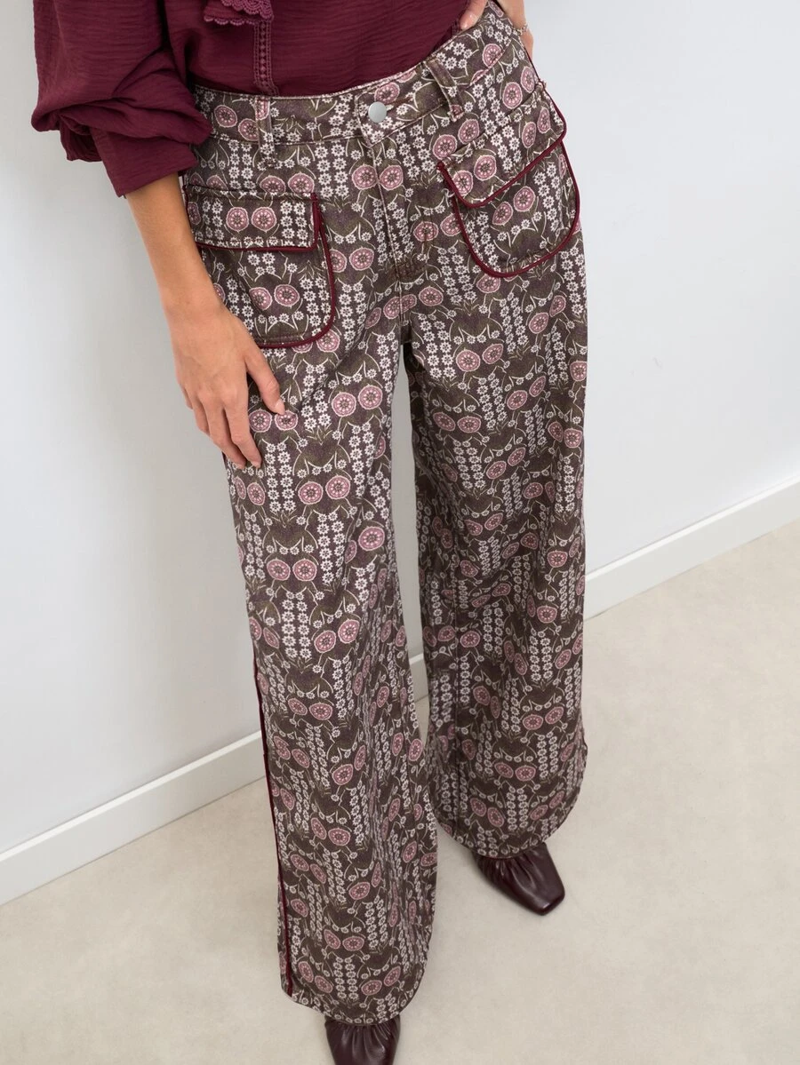 Nöista Vintage Print Wide Leg Pants With Bohemian Style. Casual, Vacation, Streetwear, Spring Autumn. - Brown - View 1