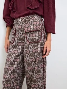 Nöista Vintage Print Wide Leg Pants With Bohemian Style. Casual, Vacation, Streetwear, Spring Autumn. - Brown - View 5