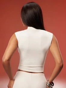 Denimoi 女款純色前綁帶鏤空性感無袖上衣 - 杏色 - 查看 5