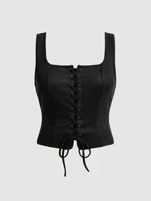 SHEIN MOD 大码纯色前系带宽松休闲衬衫 - 黑色 - 查看 7