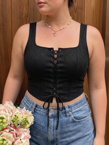 SHEIN MOD 大码纯色前系带宽松休闲衬衫 - 黑色 - 查看 3