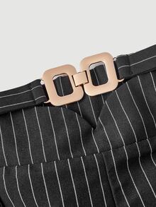 SHEIN MOD Elegant Black Pinstriped Palazzo Trousers With Gold Buckle Belt,Pinstripe Pants,High Waisted Pants Women - Black - View 6