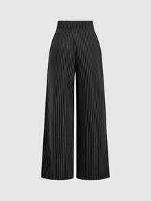 SHEIN MOD Elegant Black Pinstriped Palazzo Trousers With Gold Buckle Belt,Pinstripe Pants,High Waisted Pants Women - Black - View 3