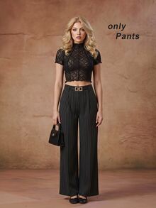 SHEIN MOD Elegant Black Pinstriped Palazzo Trousers With Gold Buckle Belt,Pinstripe Pants,High Waisted Pants Women - Black - View 2
