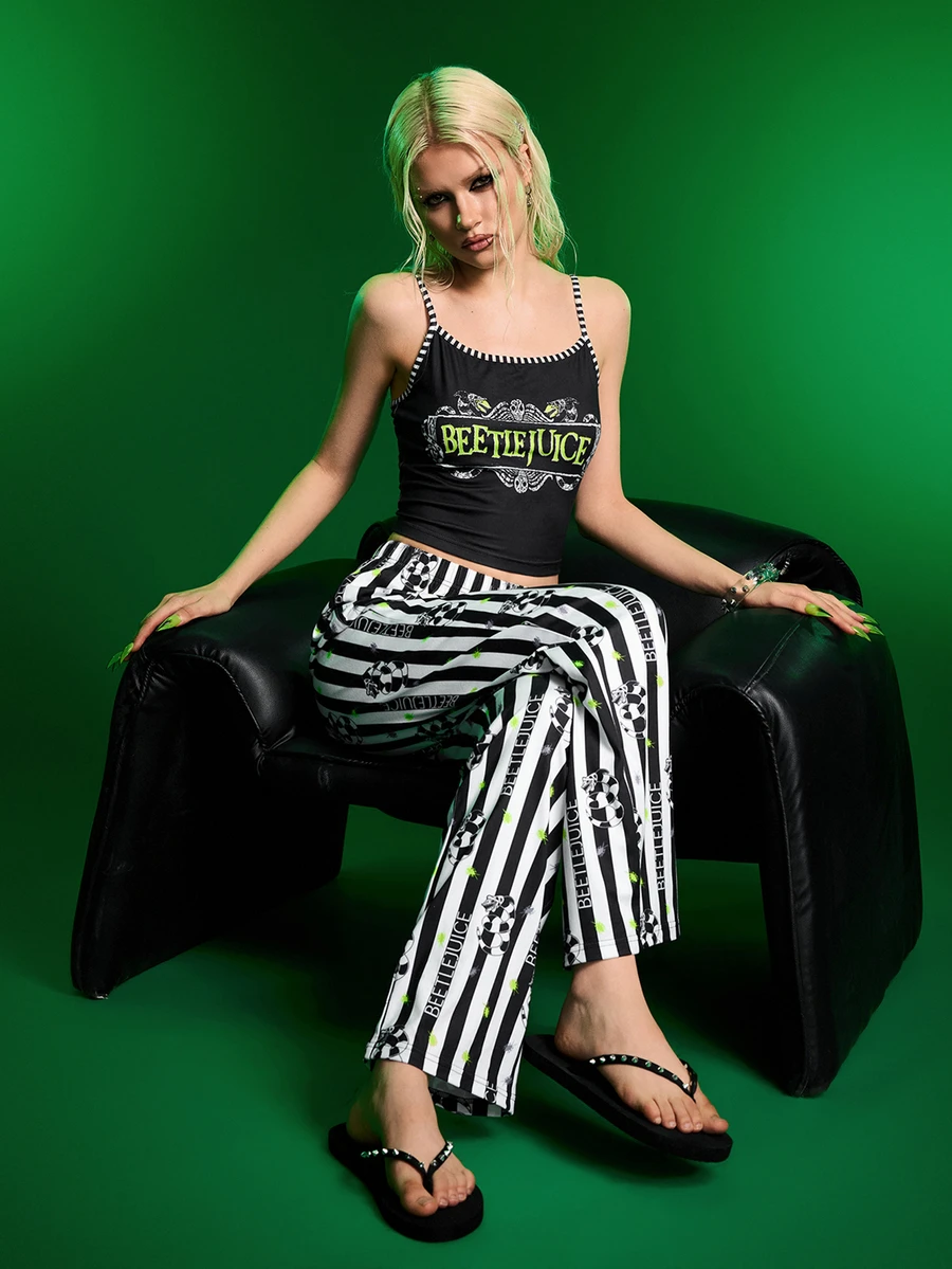 Beetlejuice X SHEIN Women's Letter Print Camisole Top And Striped Long Pants Pajama Set - Black - View 1