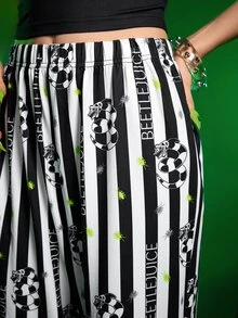 Beetlejuice X SHEIN Women's Letter Print Camisole Top And Striped Long Pants Pajama Set - Black - View 7