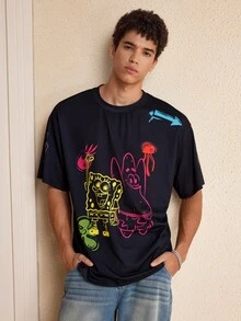 SpongeBob SquarePants | SHEIN Men's Cartoon Print Casual Versatile Daily Wear Short Sleeve T-Shirt - Black - View 4