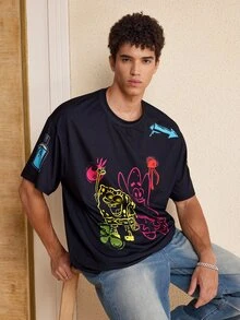 SpongeBob SquarePants | SHEIN Men's Cartoon Print Casual Versatile Daily Wear Short Sleeve T-Shirt - Black - View 5