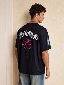 SpongeBob SquarePants | SHEIN Men's Cartoon Print Casual Versatile Daily Wear Short Sleeve T-Shirt - Black - View 2