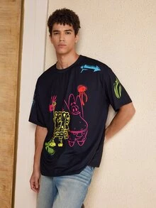 SpongeBob SquarePants | SHEIN Men's Cartoon Print Casual Versatile Daily Wear Short Sleeve T-Shirt - Black - View 3