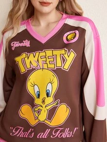 LOONEY TUNES X SHEIN Women's Letter & Cartoon Print Casual Versatile Daily Wear Long Sleeve Sweatshirt - Mocha Brown - View 6