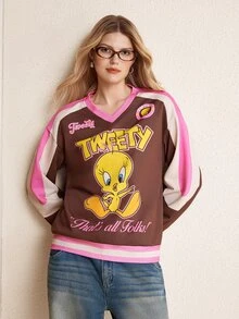 LOONEY TUNES X SHEIN Women's Letter & Cartoon Print Casual Versatile Daily Wear Long Sleeve Sweatshirt - Mocha Brown - View 3