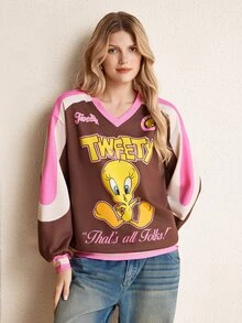 LOONEY TUNES X SHEIN Women's Letter & Cartoon Print Casual Versatile Daily Wear Long Sleeve Sweatshirt - Mocha Brown - View 4