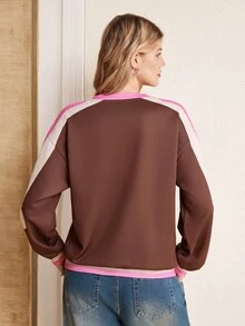 LOONEY TUNES X SHEIN Women's Letter & Cartoon Print Casual Versatile Daily Wear Long Sleeve Sweatshirt - Mocha Brown - View 2