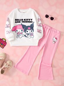 HELLO KITTY AND FRIENDS | SHEIN Young Girl Cartoon Bow Print Sweatshirt & Flared Pants Set - Pink - View 1