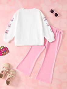 HELLO KITTY AND FRIENDS | SHEIN Young Girl Cartoon Bow Print Sweatshirt & Flared Pants Set - Pink - View 2
