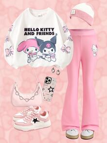 HELLO KITTY AND FRIENDS | SHEIN Young Girl Cartoon Bow Print Sweatshirt & Flared Pants Set - Pink - View 3
