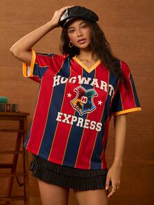 HARRY POTTER X SHEIN Women's Letter Print Casual Daily Short Sleeve T-Shirt - Red and Black - View 5