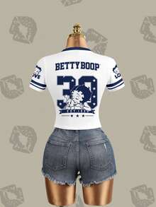 Betty Boop x SHEIN Women's Street Cartoon Print Striped Short Sleeve Fitted T-Shirt - White - View 8