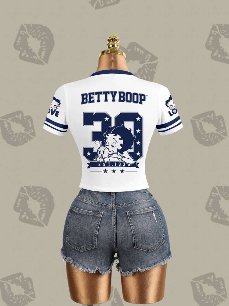 Betty Boop x SHEIN 女款街頭風卡通印花條紋短袖修身T恤 - 白色 - 查看 8