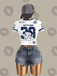 Betty Boop x SHEIN Women's Street Cartoon Print Striped Short Sleeve Fitted T-Shirt - White - View 1