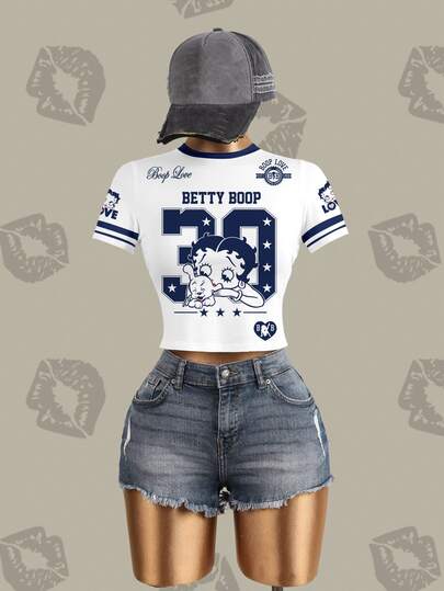 Betty Boop x SHEIN Camiseta de manga corta ajustada con estampado de dibujos animados y rayas para mujer