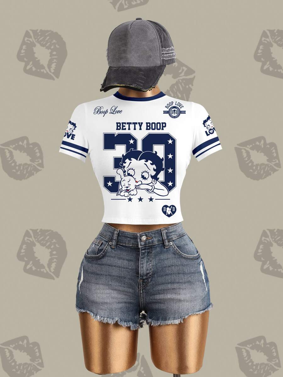Betty Boop x SHEIN Women's Street Cartoon Print Striped Short Sleeve Fitted T-Shirt - White - View 1