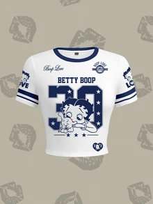 Betty Boop x SHEIN Women's Street Cartoon Print Striped Short Sleeve Fitted T-Shirt - White - View 7